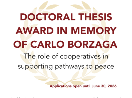 Banner for the Carlo Borzaga Doctoral Thesis Award 2026, promoted by the Venice Foundation for Peace Research and EURICSE, in collaboration with ICA CCR, EMES and CIRIEC, on the role of cooperatives in supporting pathways to peace.